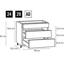 Skizze eines Küchenunterschranks mit Schubladen und Maßen