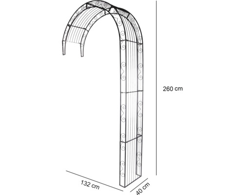 Gartenbogen aus Metall mit den Maßen 260 cm Höhe, 132 cm Breite und 40 cm Tiefe