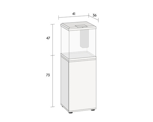 Zeichnung eines Aquariums mit Unterschrank und Maßangaben