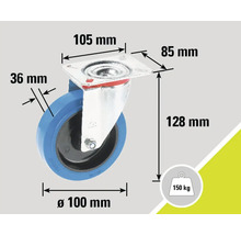 Abbildung eines Lenkrolle mit den Massangaben 105 mm, 85 mm, 36 mm, 128 mm und 100 mm Durchmesser, Tragkraft 150 kg