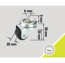 Möbelrolle mit Stift, Abmessungen und Belastbarkeit bis 45 kg
