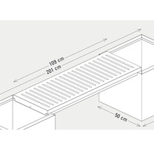 Abbildung einer Brücke mit den Maßen 109 Zentimeter und 201 Zentimeter, die zwischen zwei Behältern mit den Maßen 50 Zentimeter platziert ist.