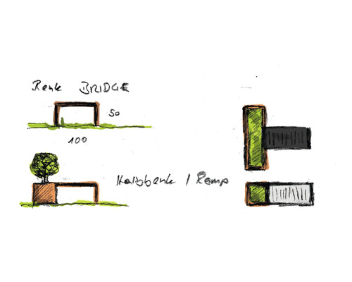 Skizze einer Holzbrücke mit den Maßen 50 mal 100 Zentimeter, einer Rampe und einer Holzbank mit Baum
