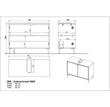 Technische Zeichnung eines Waschtischunterschranks mit Maßangaben