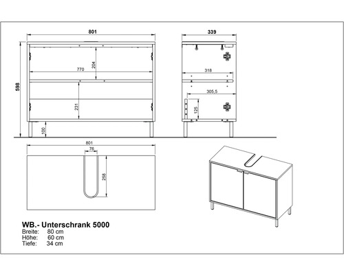 Technische Zeichnung eines Waschtischunterschranks mit Maßangaben