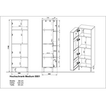 Technische Zeichnung eines Hochschranks Medium 5001 mit Breiten-, Höhen- und Tiefenangaben