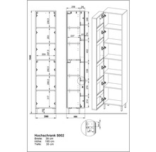 Technische Zeichnung eines Hochschranks mit Maßangaben
