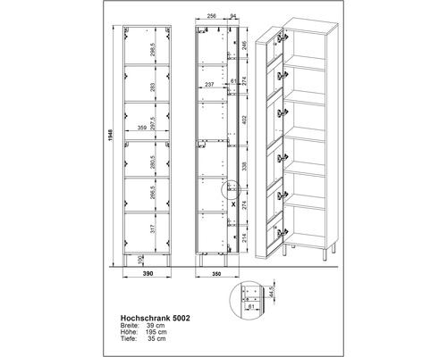Technische Zeichnung eines Hochschranks mit Maßangaben