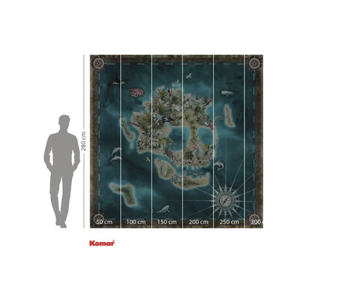 Komar Wandbild mit einer Inselkarte mit Tieren und Pflanzen, Größe 300 mal 280 Zentimeter