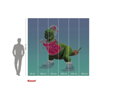 Fototapete mit einem grünen Dinosaurier mit Kopfhörern, einem Kapuzenpullover und Turnschuhen vor einem farbigen Hintergrund