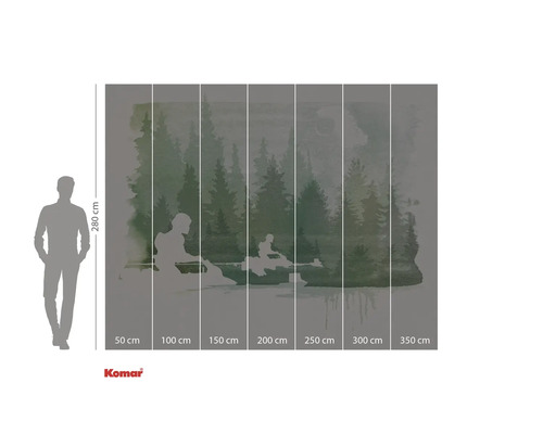 Fototapete mit Waldmotiv und sitzenden Figuren, Abmessungen 280 x 350 cm.