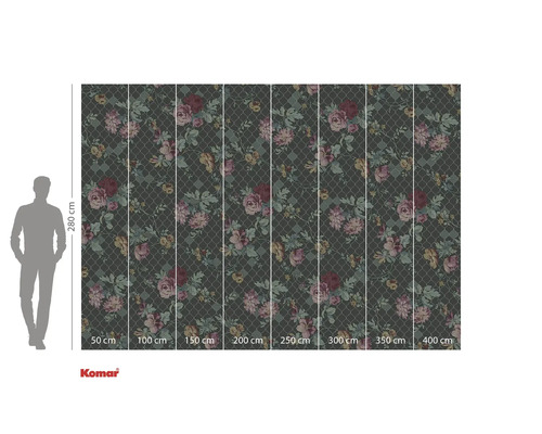 Fototapete mit Blumenmuster und Größenangaben.