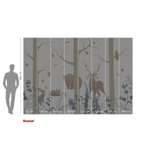 Fototapete mit Waldmotiv, inklusive Bäumen, Bär, Hirsch, Hase, Fuchs und Eule, Format circa 280 x 400 cm