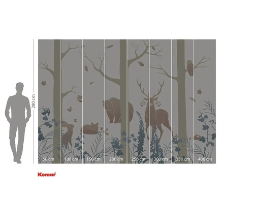 Fototapete mit Waldmotiv, inklusive Bäumen, Bär, Hirsch, Hase, Fuchs und Eule, Format circa 280 x 400 cm