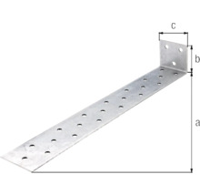 Gelochter Winkelverbinder aus Metall mit Maßangaben.