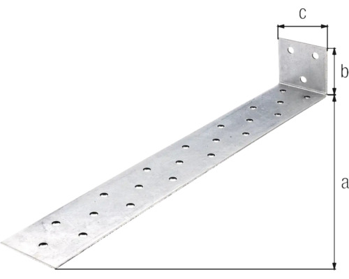 Gelochter Winkelverbinder aus Metall mit Maßangaben.