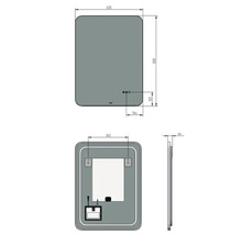 Technische Zeichnung eines rechteckigen Spiegels mit abgerundeten Ecken und den Maßen 600 x 800 mm.