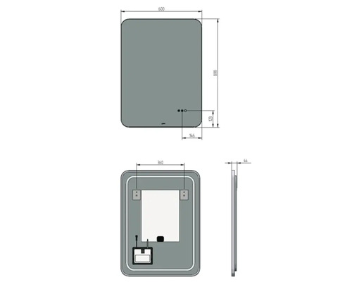 Technische Zeichnung eines rechteckigen Spiegels mit abgerundeten Ecken und den Maßen 600 x 800 mm.