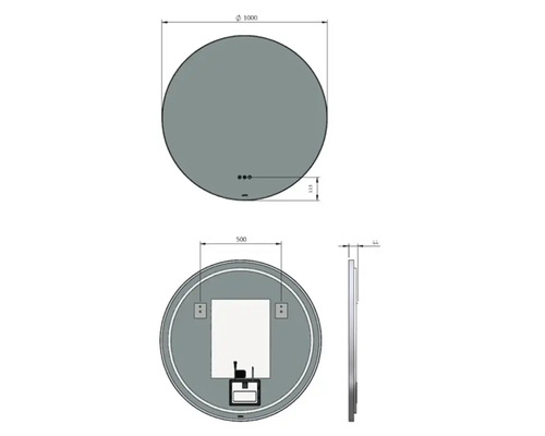 Technische Zeichnung eines runden Spiegels mit den Maßen 1000 mm Durchmesser und 44 mm Tiefe
