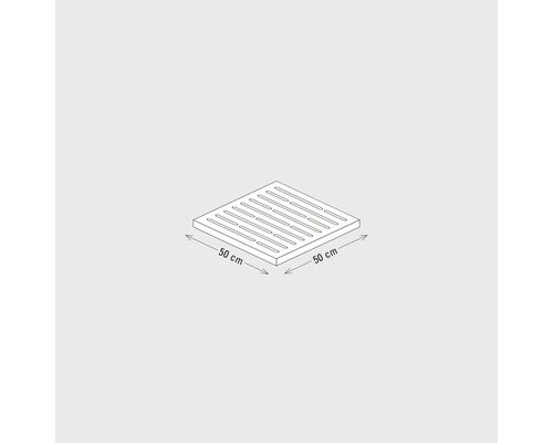 Quadratische Ablaufrinne mit den Maßen 50 mal 50 Zentimeter.