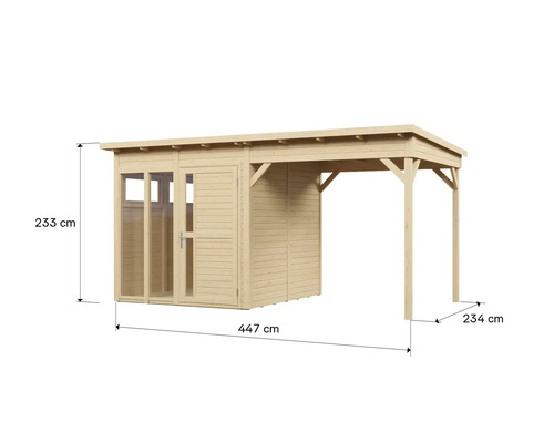 Holzgartenhaus mit Abmessungen 447 cm mal 233 cm mal 234 cm