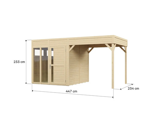 Gartenhaus mit Vordach und den Maßen 447 cm Länge, 233 cm Höhe und 234 cm Tiefe