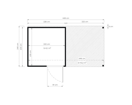 Grundriss eines Gartenhauses mit den Maßen 240 mal 449 Zentimeter