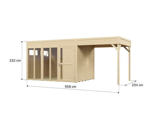 Abbildung eines Gartenhauses mit einer Gesamtbreite von 558 Zentimetern, einer Höhe von 232 Zentimetern und einer Tiefe von 234 Zentimetern.