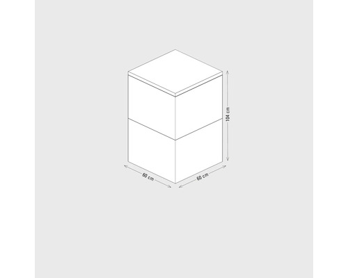 Illustration eines Badezimmerschranks mit den Maßen 60 cm x 60 cm x 104 cm.