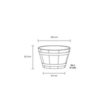 Abbildung eines Pflanzkübels mit Maßangaben: 39,5 cm breit, 22,5 cm hoch und 21 Liter Volumen.