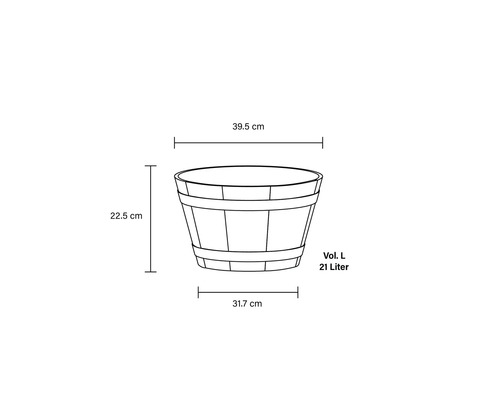 Technische Zeichnung eines Pflanzgefäßes mit den Maßen 39,5 cm Breite oben, 31,7 cm Breite unten und 22,5 cm Höhe sowie einem Volumen von 21 Litern.