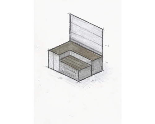 Skizze einer Eckbank mit den Maßen 150, 100, 70 und 113 Zentimeter.