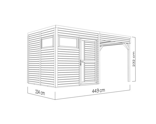 Zeichnung eines Gerätehauses mit Vordach und Maßangaben
