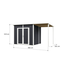 Holzgartenhaus mit Schleppdach und Maßangaben