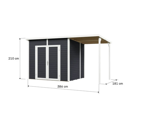 Holzgartenhaus mit Schleppdach und Maßangaben