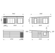 Technische Zeichnung eines Gartenhauses mit Maßangaben für verschiedene Ansichten