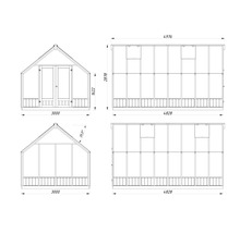 Zeichnung eines Gewächshauses mit Maßangaben