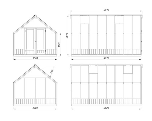 Zeichnung eines Gewächshauses mit Maßangaben