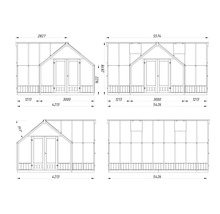 Technische Zeichnung eines Gewächshauses mit Maßangaben