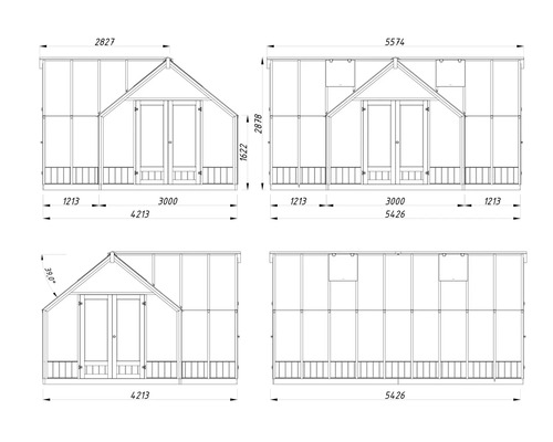 Technische Zeichnung eines Gewächshauses mit Maßangaben