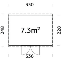 Grundrisszeichnung mit Maßangaben: 7.3 Quadratmeter Fläche, 330 Zentimeter Breite, 248 Zentimeter Tiefe und 336 Zentimeter Türbreite