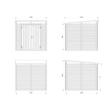 Technische Zeichnung eines Gerätehauses mit Doppeltür und Pultdach, Ansichten von vorne, von der Seite und von hinten mit Maßangaben