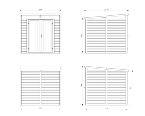 Technische Zeichnung eines Gerätehauses mit Doppeltür und Pultdach, inklusive Maßangaben
