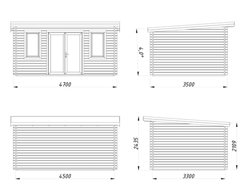 Technische Zeichnung eines Gartenhauses mit Maßangaben.