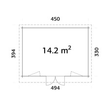 Grundrisszeichnung eines Gartenhauses mit den Maßen 450 mal 330 mal 394 Zentimeter und einer Fläche von 14,2 Quadratmetern
