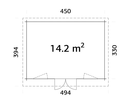 Grundrisszeichnung eines Gartenhauses mit den Maßen 450 mal 330 mal 394 Zentimeter und einer Fläche von 14,2 Quadratmetern