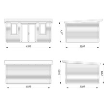 Technische Zeichnung eines Gartenhauses mit Maßangaben