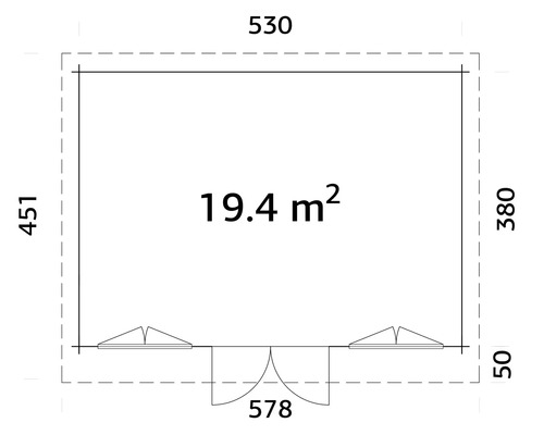 Grundrisszeichnung mit Flächenangabe 19,4 Quadratmeter und Maßangaben