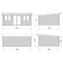 Technische Zeichnung eines Gartenhauses mit Abmessungen