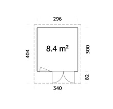 Grundrisszeichnung mit Maßen: 8,4 Quadratmeter Innenfläche, 296 cm Breite, 404 cm Tiefe